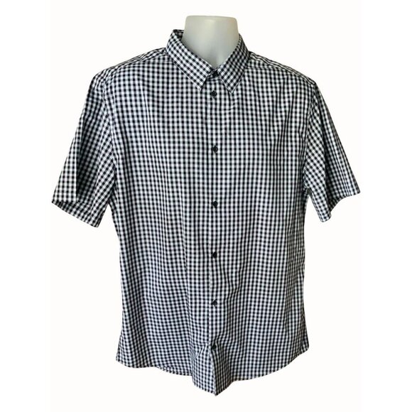 H&M Mens Slim Fit Short Sleeve Black White Checkered Lightweight Shirt XL - Picture 1 of 8